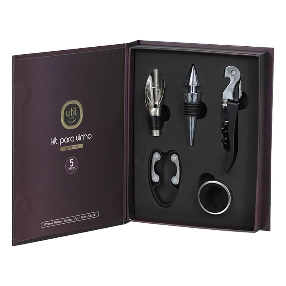 Abridor Vinho 1 Estojo C/ 5 Peças Metal Elegante Presentear