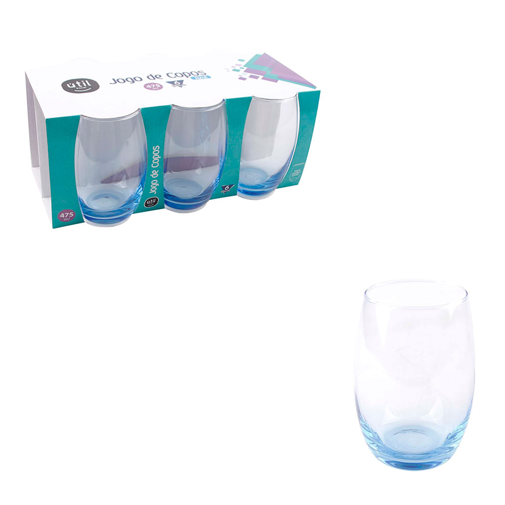 Jogo copo de vidro azul pop 300 ml com 6 copos casa linda