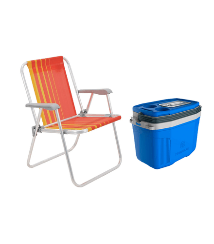 Conjunto-Cadeira-De-Praia-Laranja-com-Amarelo-Samoa-Tramontina-com-Caixa-Termica-SUV-20L-Azul-Termolar