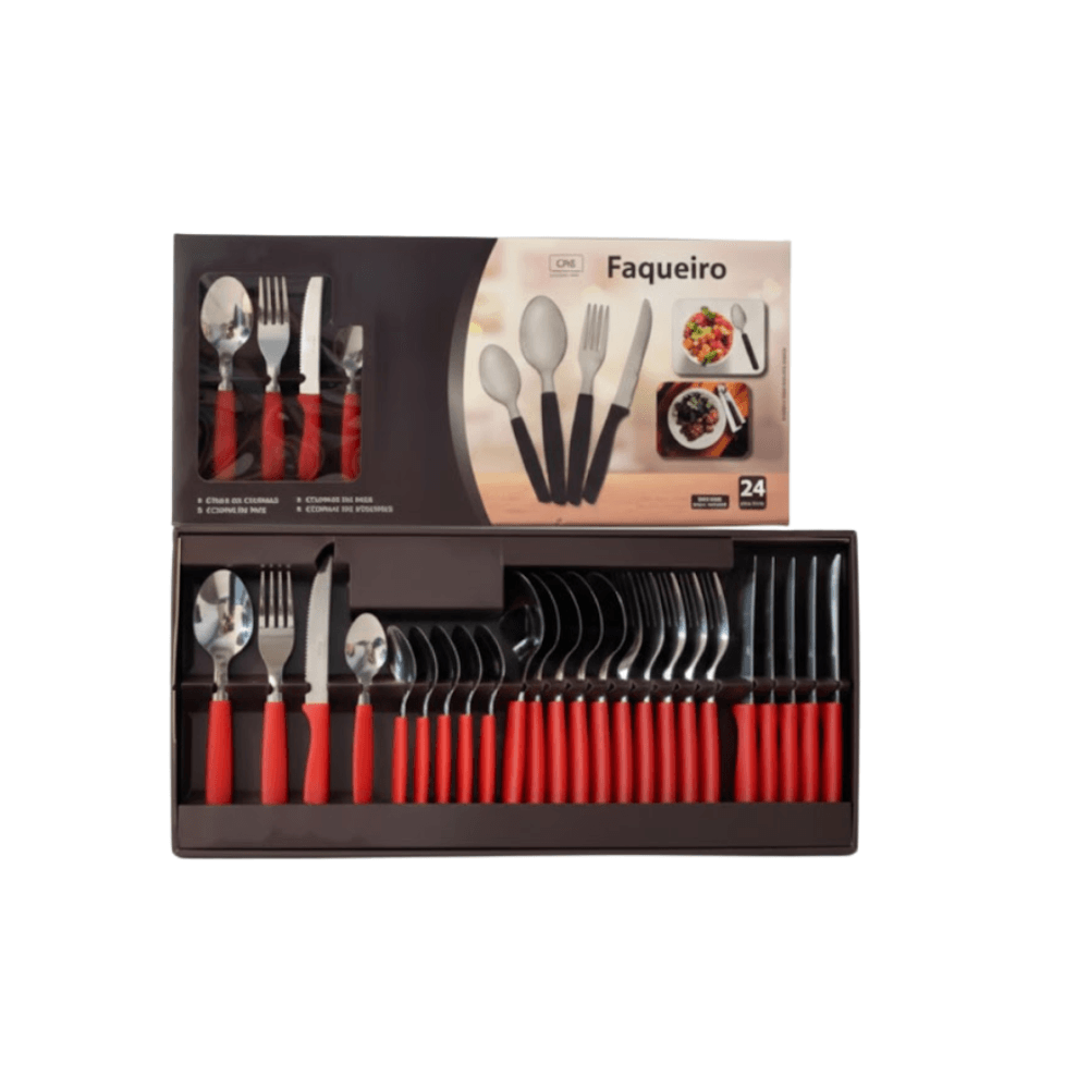 Faqueiro Inox Viena Com Cabo Plástico Vermelho 24 Peças Útil Bazar