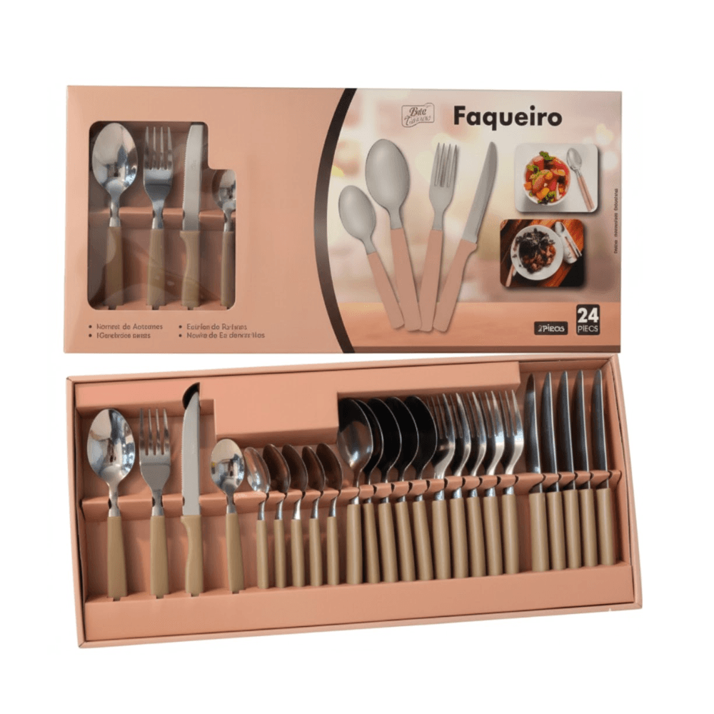 Faqueiro Inox Viena Com Cabo Plástico Nude 24 Peças Útil Bazar